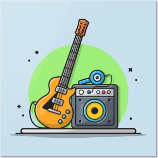 Guitar Electric with Sound Audio Speaker and Headphone Cartoon Vector Icon Illustration Posters and Art